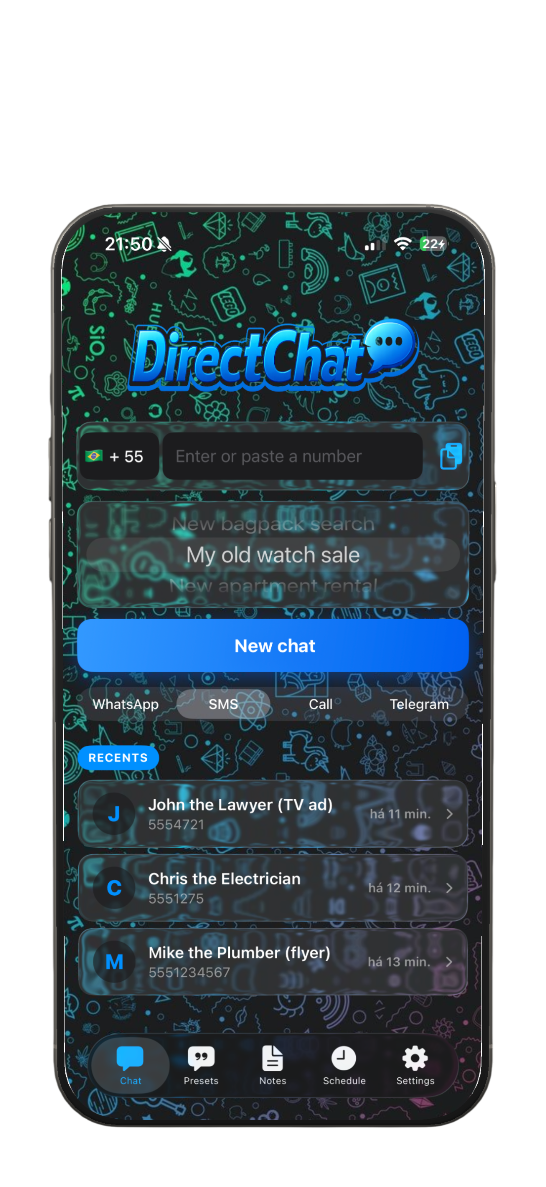 DirectChat main screen showing phone number input for WhatsApp