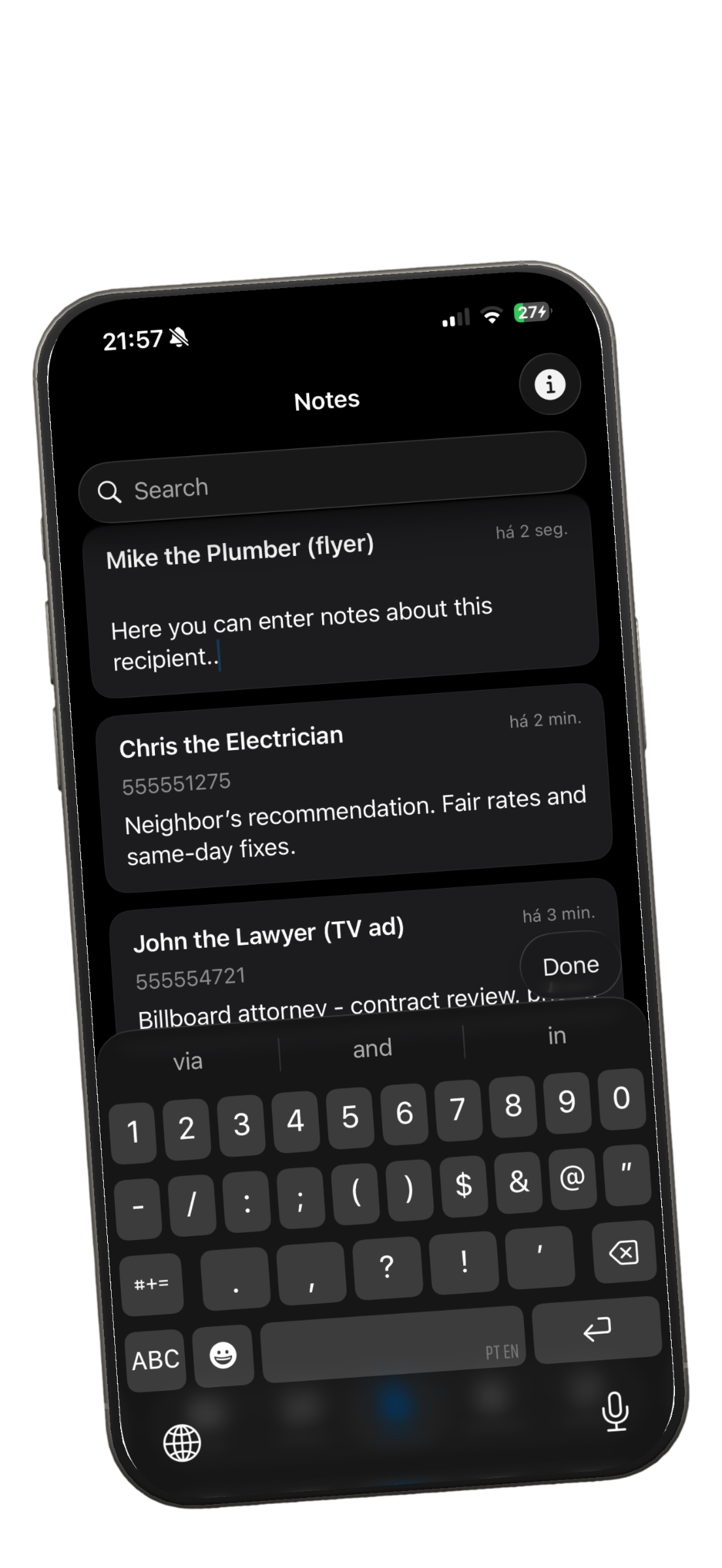 DirectChat notes attached to numbers